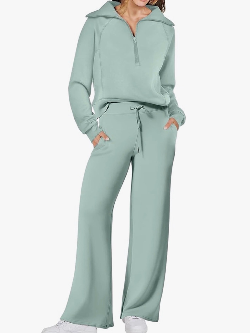 Anrabess Women's Pea Green Wide-Leg Lounge Set - Size M (052)